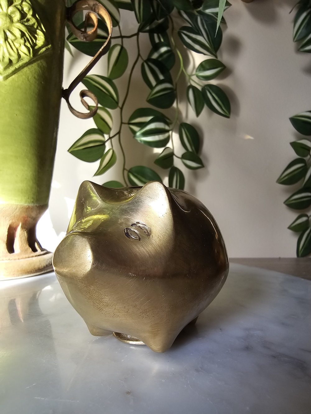Vtg Handmade Brass Piggy Bank With Brass Plug